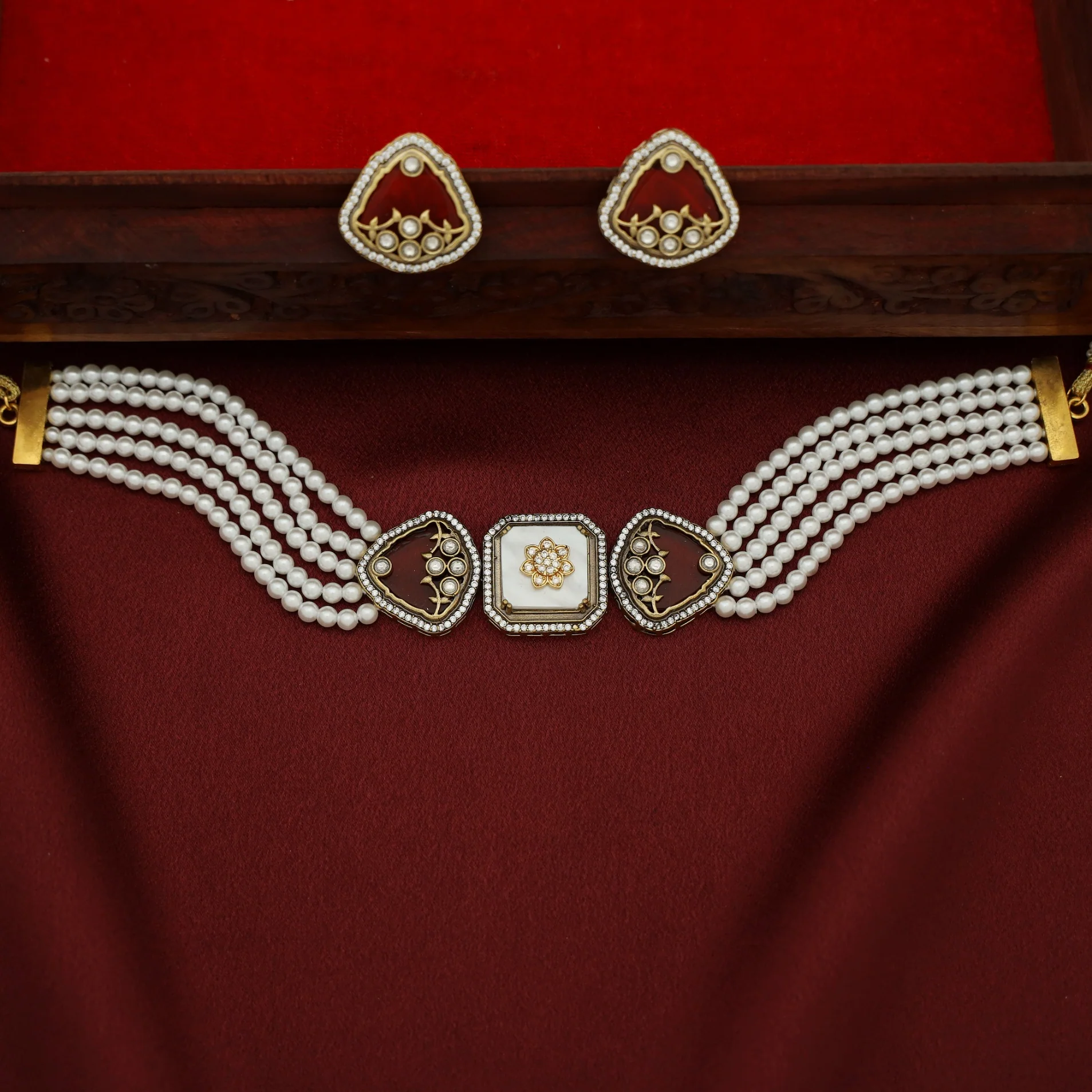 Zinat 5 Layered Pearl Kundan Flower Choker with Stud - Image 2