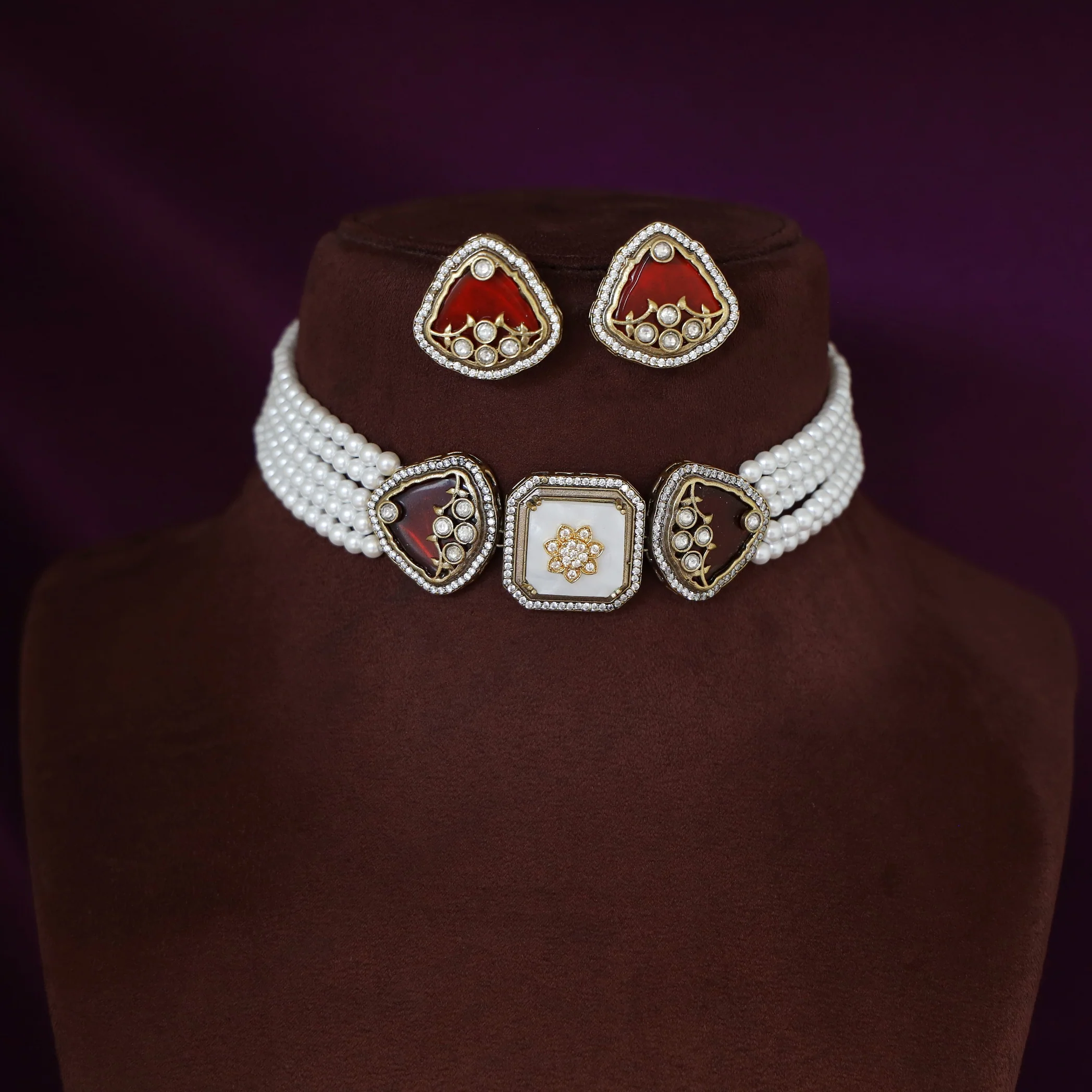 Zinat 5 Layered Pearl Kundan Flower Choker with Stud - Image 4