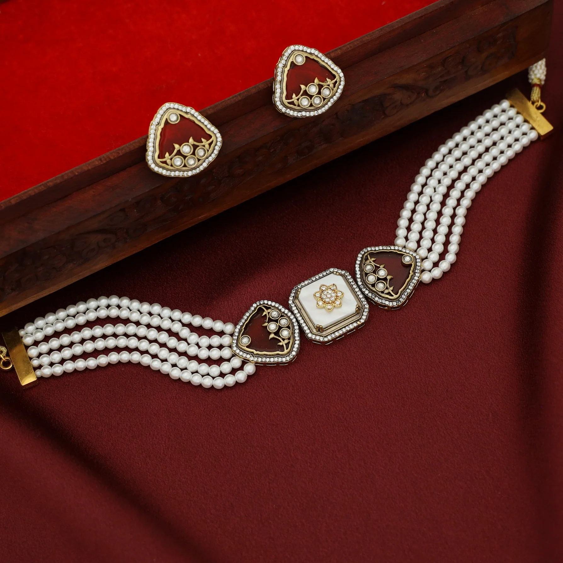 Zinat 5 Layered Pearl Kundan Flower Choker with Stud - Image 5