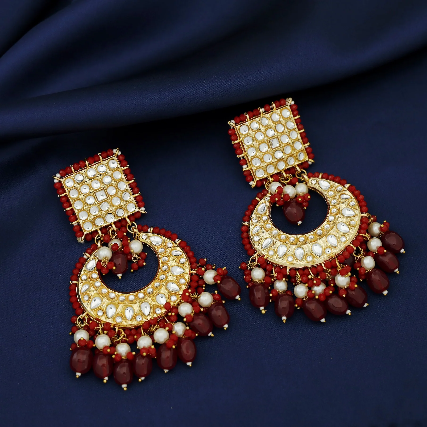 Zinia Kundan Square Half Moon Pearl Bead Chandbali Earring - Image 2
