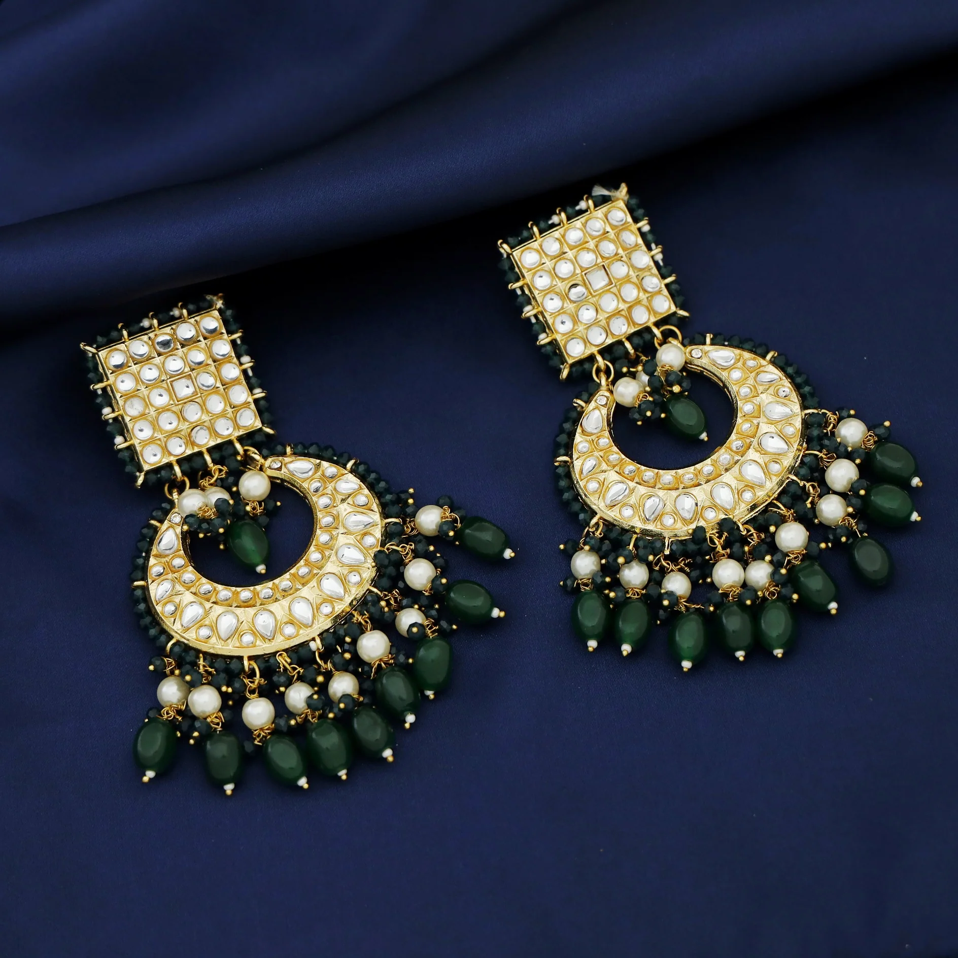 Zinia Kundan Square Half Moon Pearl Bead Chandbali Earring - Image 3