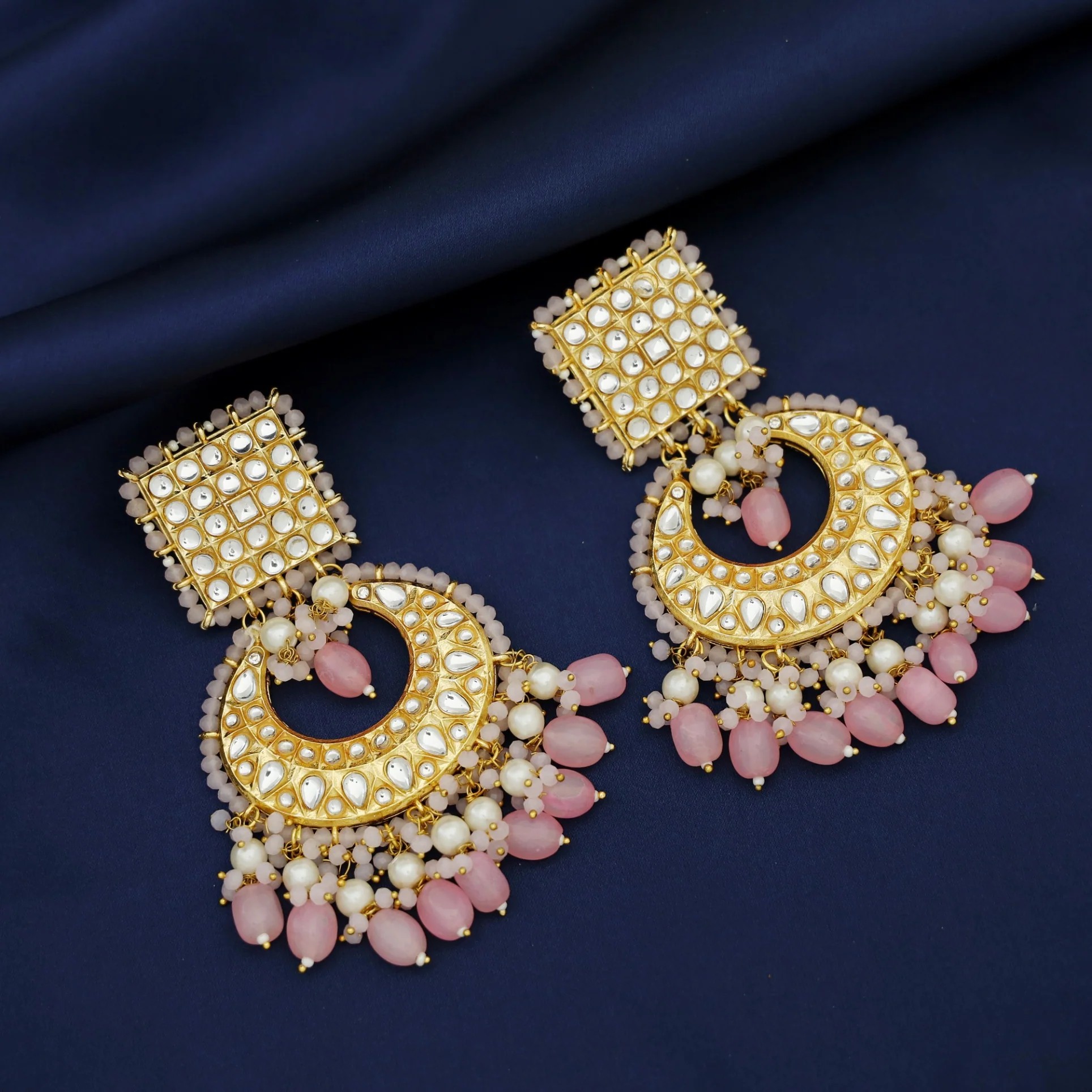 Zinia Kundan Square Half Moon Pearl Bead Chandbali Earring - Image 4