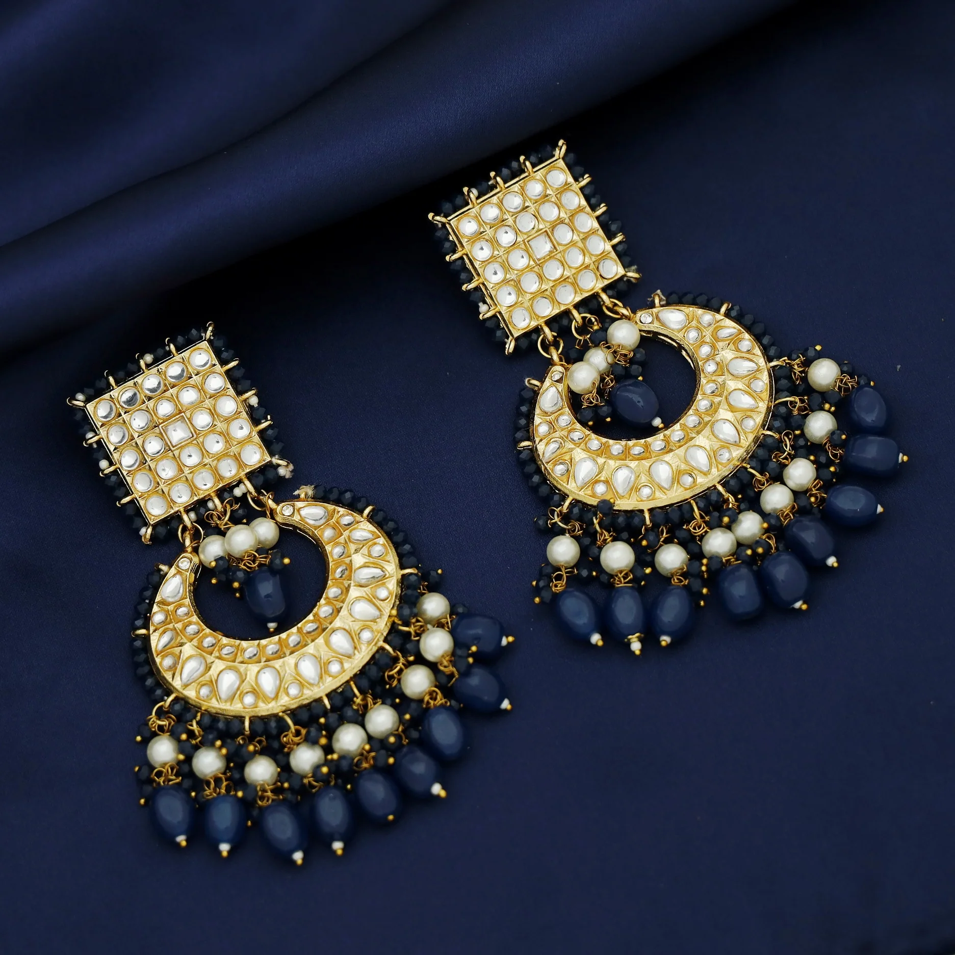 Zinia Kundan Square Half Moon Pearl Bead Chandbali Earring - Image 5