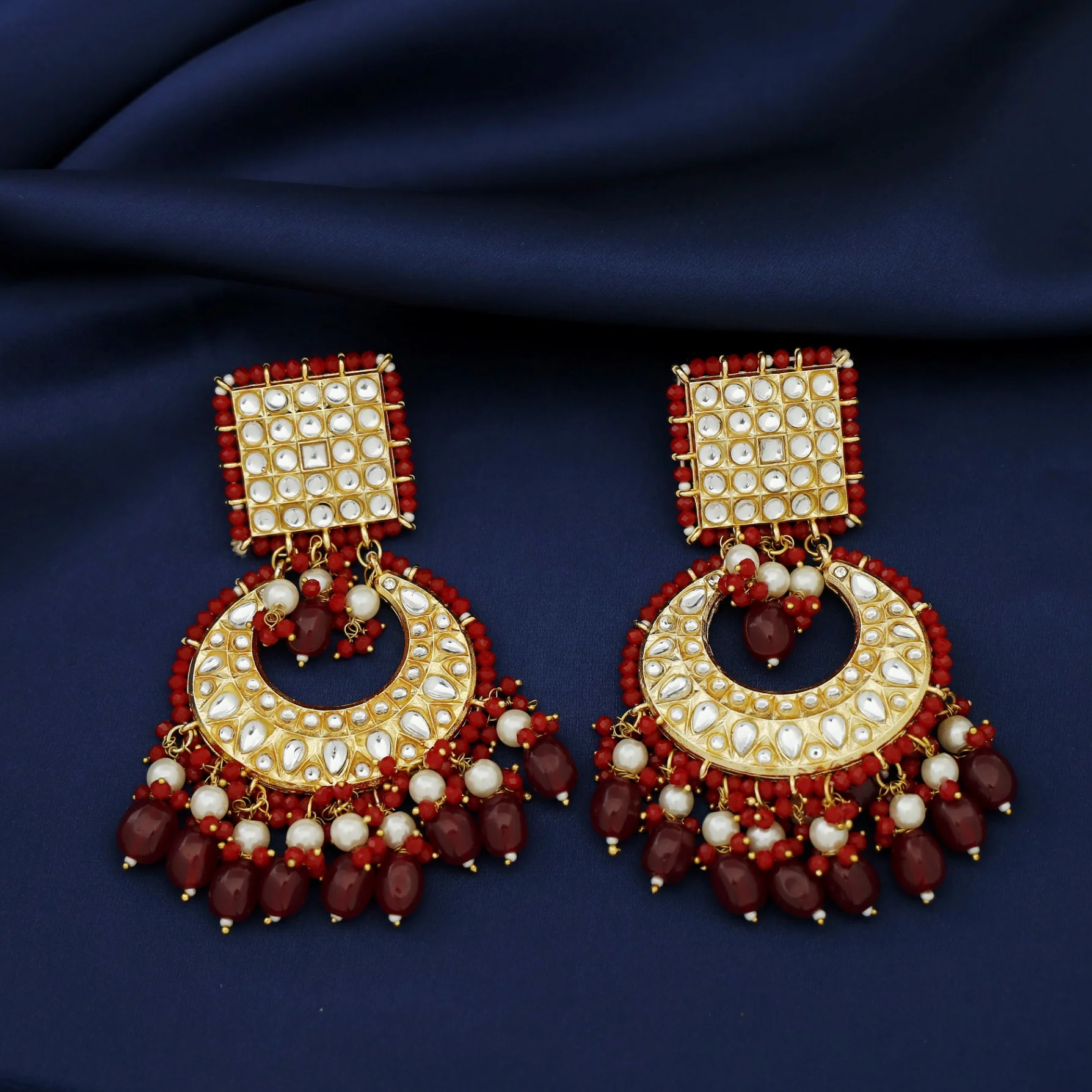 Zinia Kundan Square Half Moon Pearl Bead Chandbali Earring - Image 6