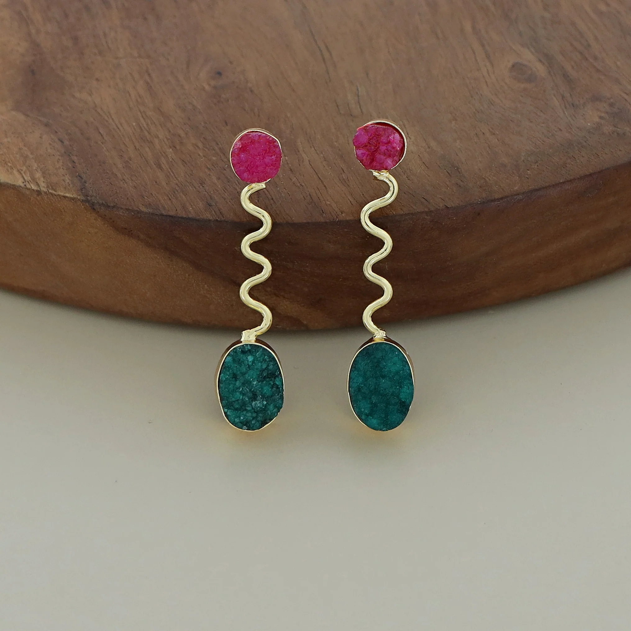 Zoya Golden Wave Dual Druzy Stone Earring - Image 3